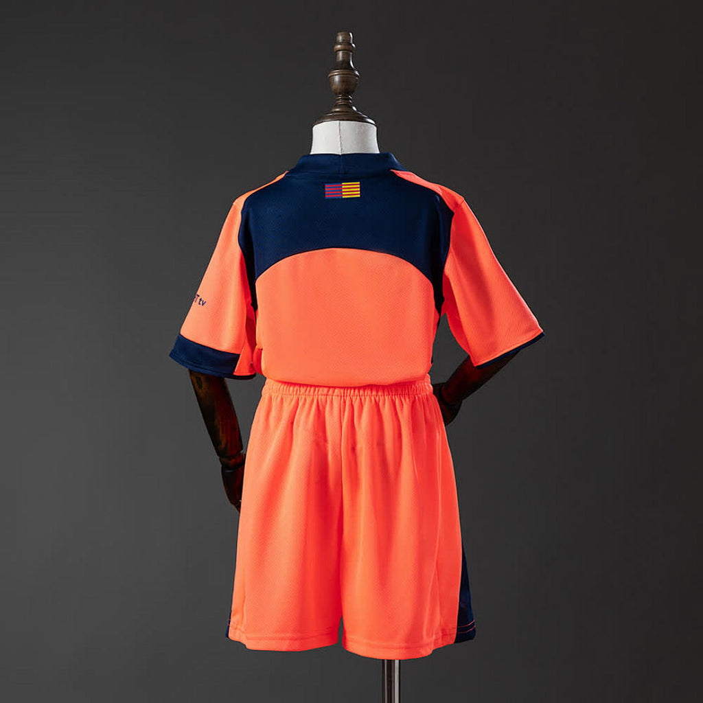 Barcelona Kids Third Away 25/26 — back view, navy shoulder yoke with Catalan flag stripes