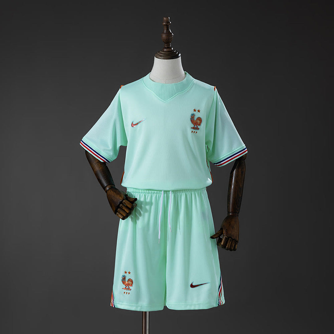 France Kids Away 2026 — front view, mint green shirt with FFF cockerel crest and two stars
