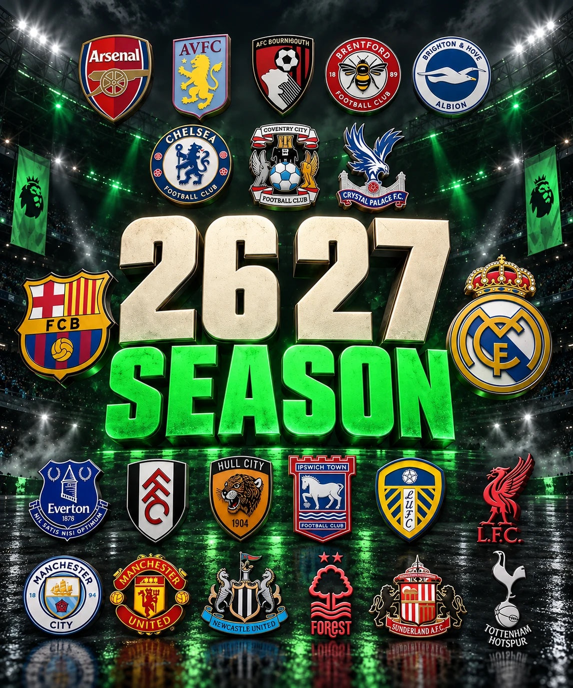 26/27 season, club crests under stadium lights
