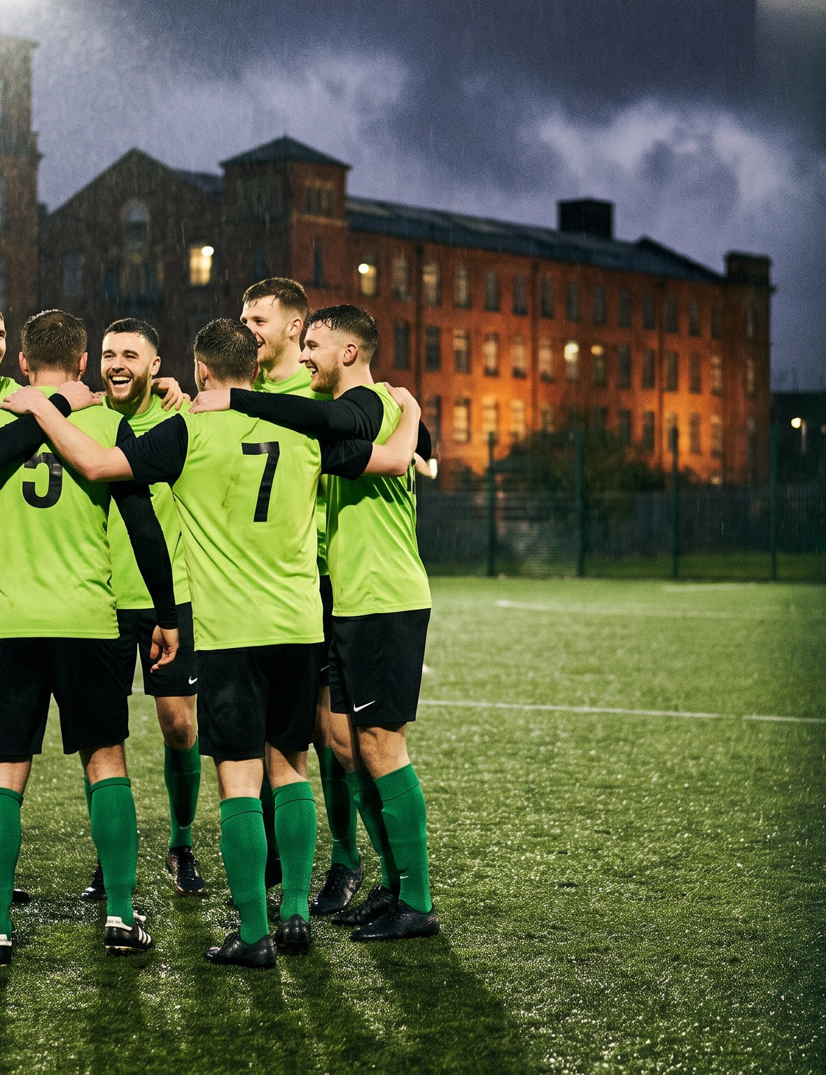 Five-a-side team in matching custom kits under floodlights